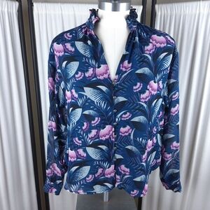 Anthropologie Purple Blue‎ Floral Tavi Button Blouse Ruffled Neck, Women's Sz XS
